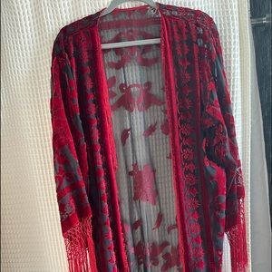 Long Red velvet black sheer floral open shawl 20s style fringe NYE Holiday party